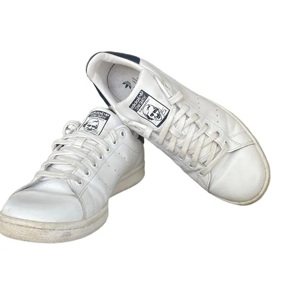 Adidas Stan Smith Core White Navy Leather Sneakers Size 9.5