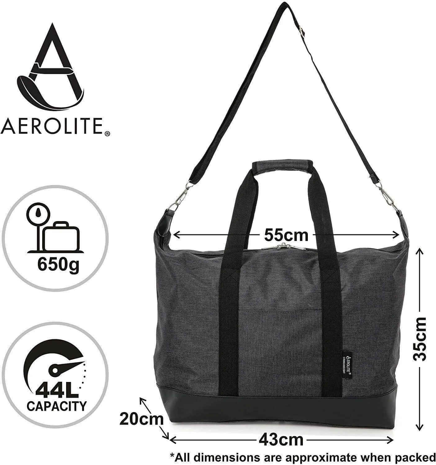 Aerolite 55x35x20cm 44L Lightweight Holdall, Hand Cabin Luggage Bag in Black set of 2