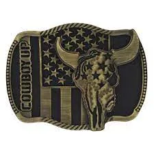 Belt Buckle 'Cowboy Up Flag Skull Brass'