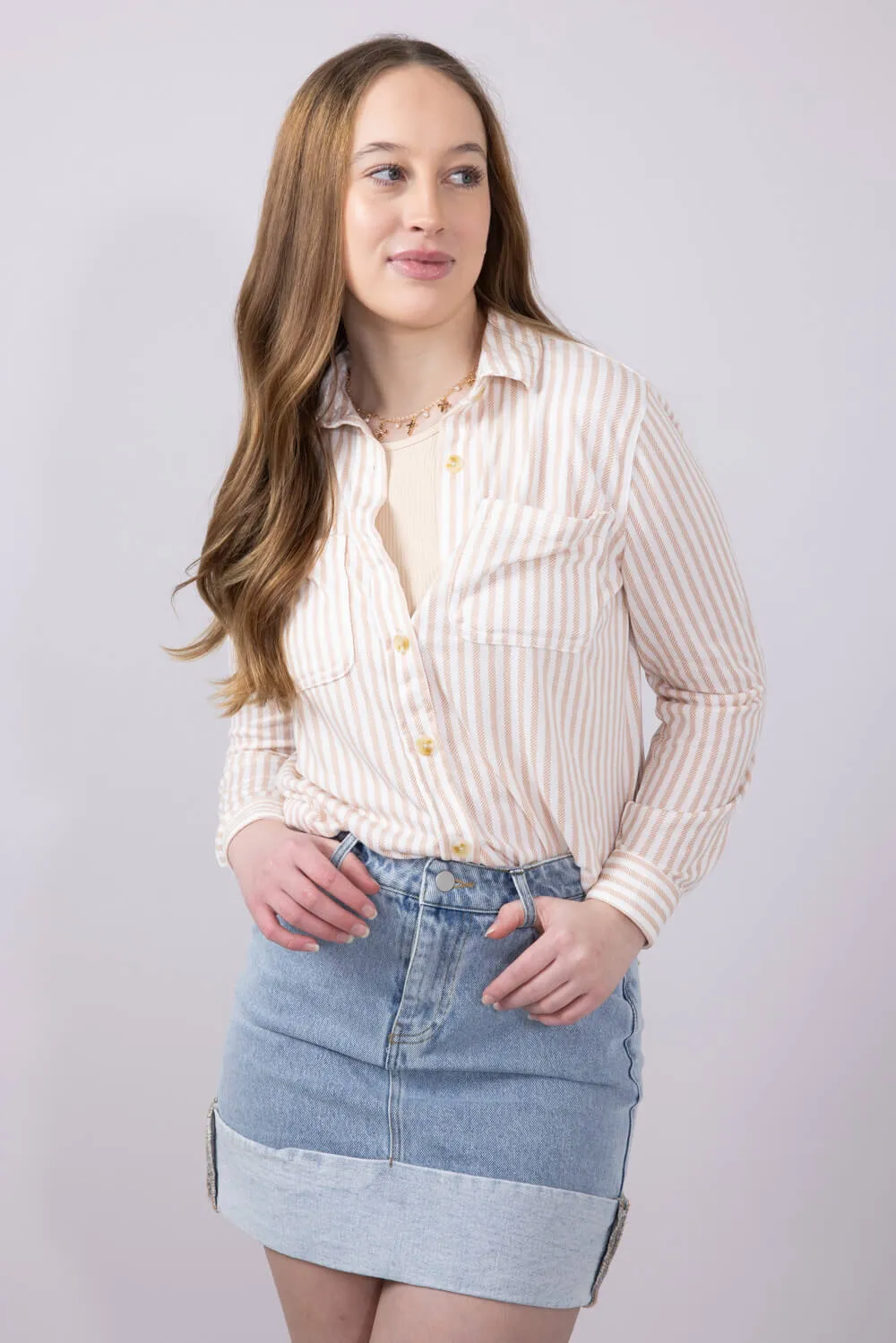 C&C California Marina Luxe Button Up Stripe Shirt for Women in Tan | 89B01934A-J260-TAN
