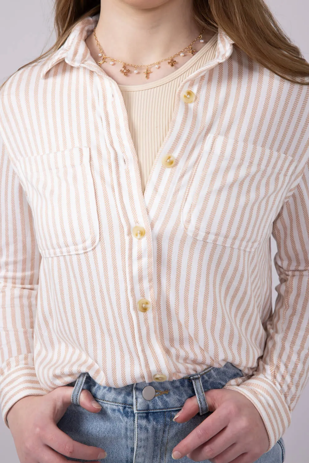 C&C California Marina Luxe Button Up Stripe Shirt for Women in Tan | 89B01934A-J260-TAN