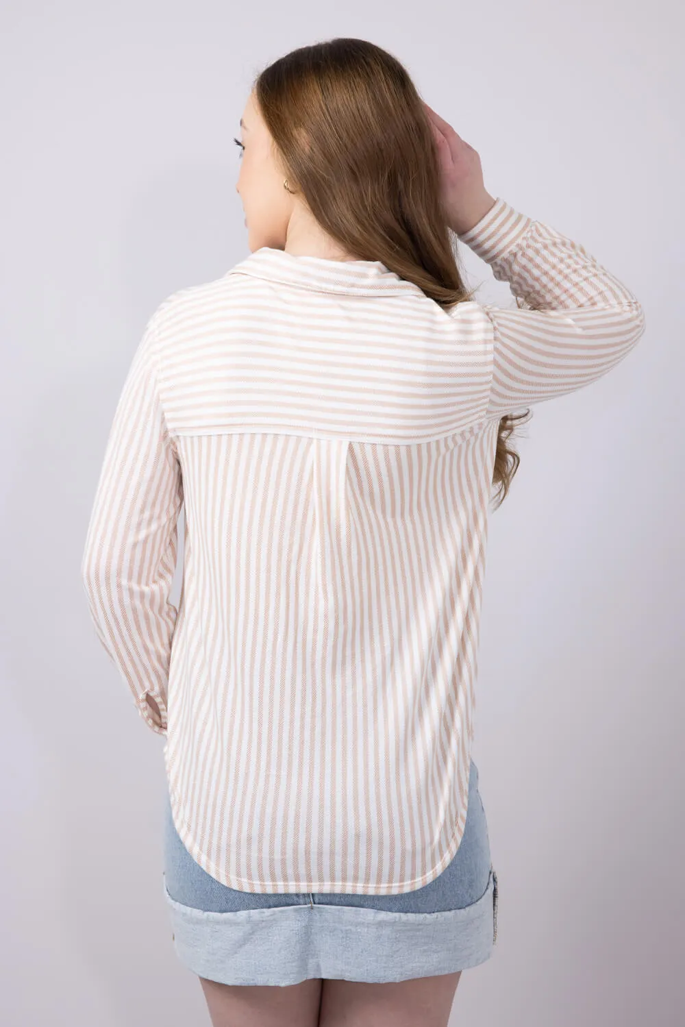 C&C California Marina Luxe Button Up Stripe Shirt for Women in Tan | 89B01934A-J260-TAN