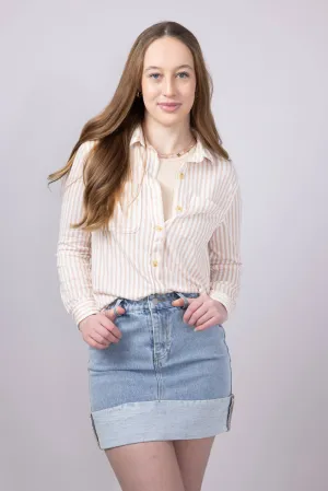 C&C California Marina Luxe Button Up Stripe Shirt for Women in Tan | 89B01934A-J260-TAN
