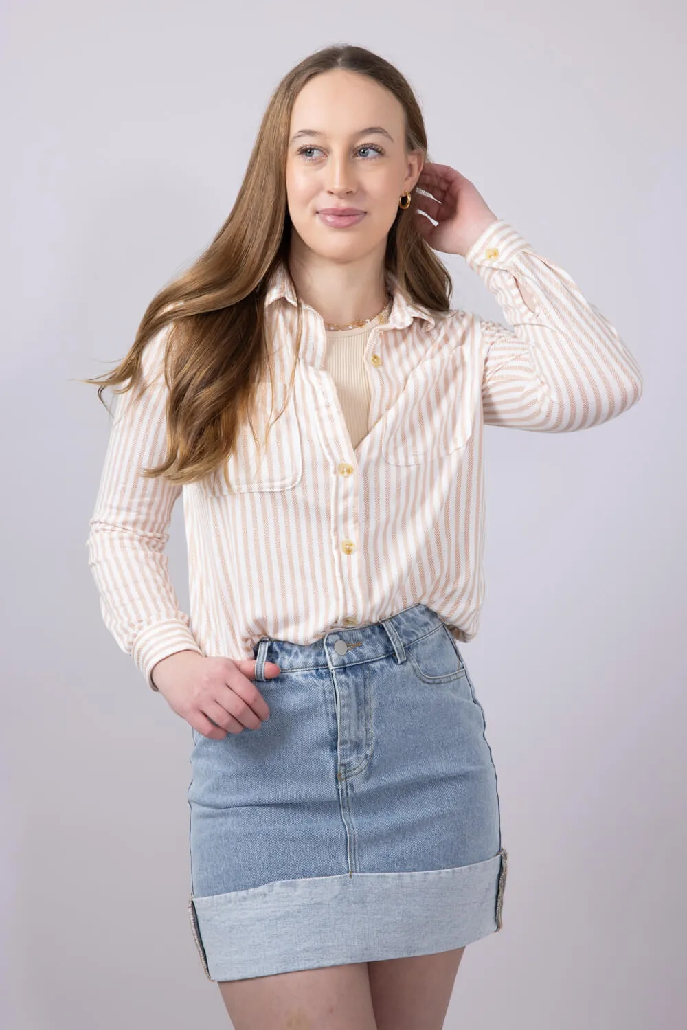 C&C California Marina Luxe Button Up Stripe Shirt for Women in Tan | 89B01934A-J260-TAN