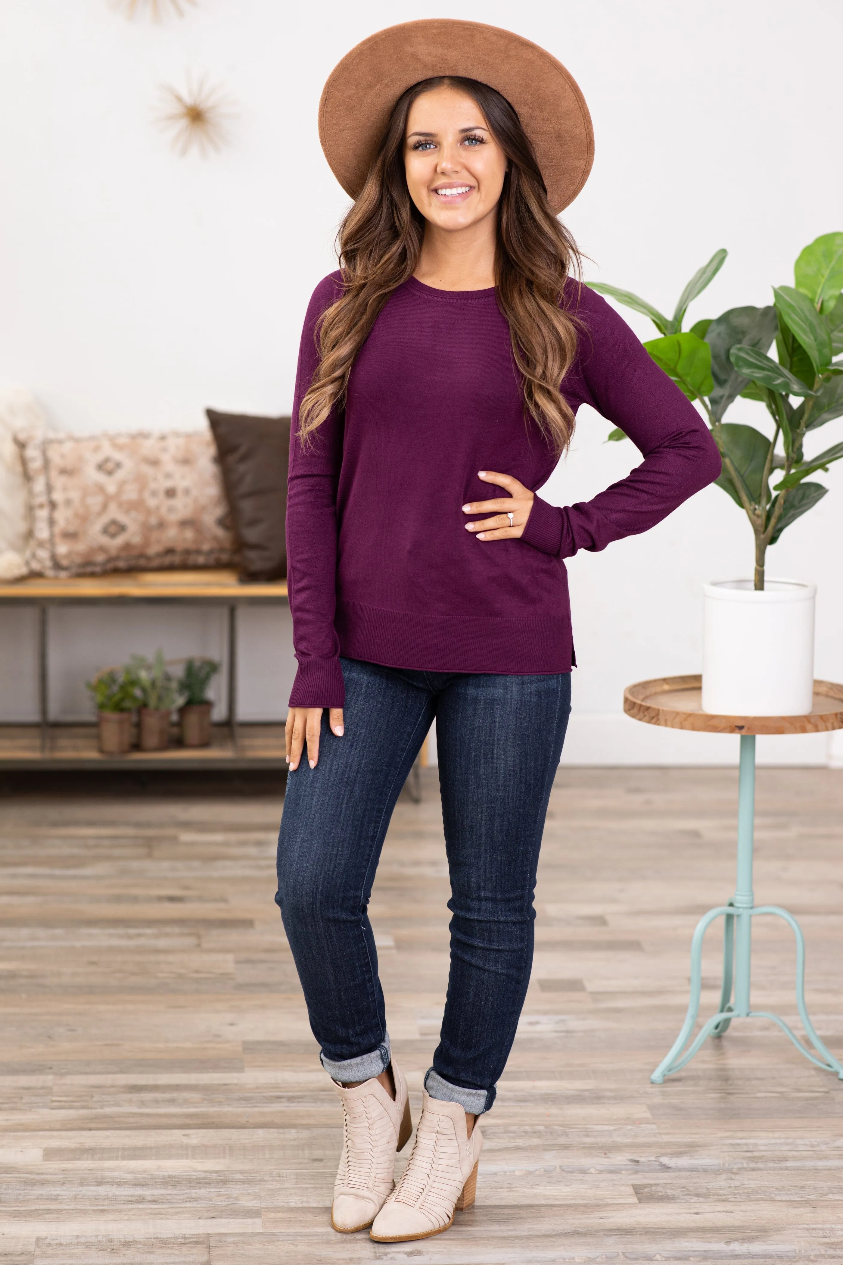 Dark Berry Lightweight Sweater With Side Slit