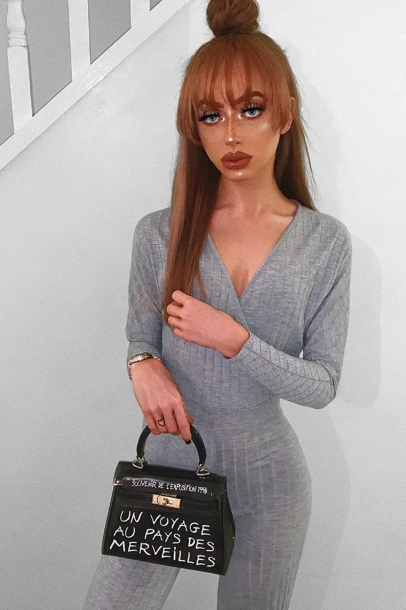 Grey Wide Leg Rib Plunge Jersey Jumpsuit - Tarlia