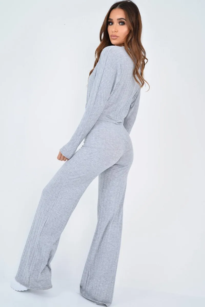 Grey Wide Leg Rib Plunge Jersey Jumpsuit - Tarlia