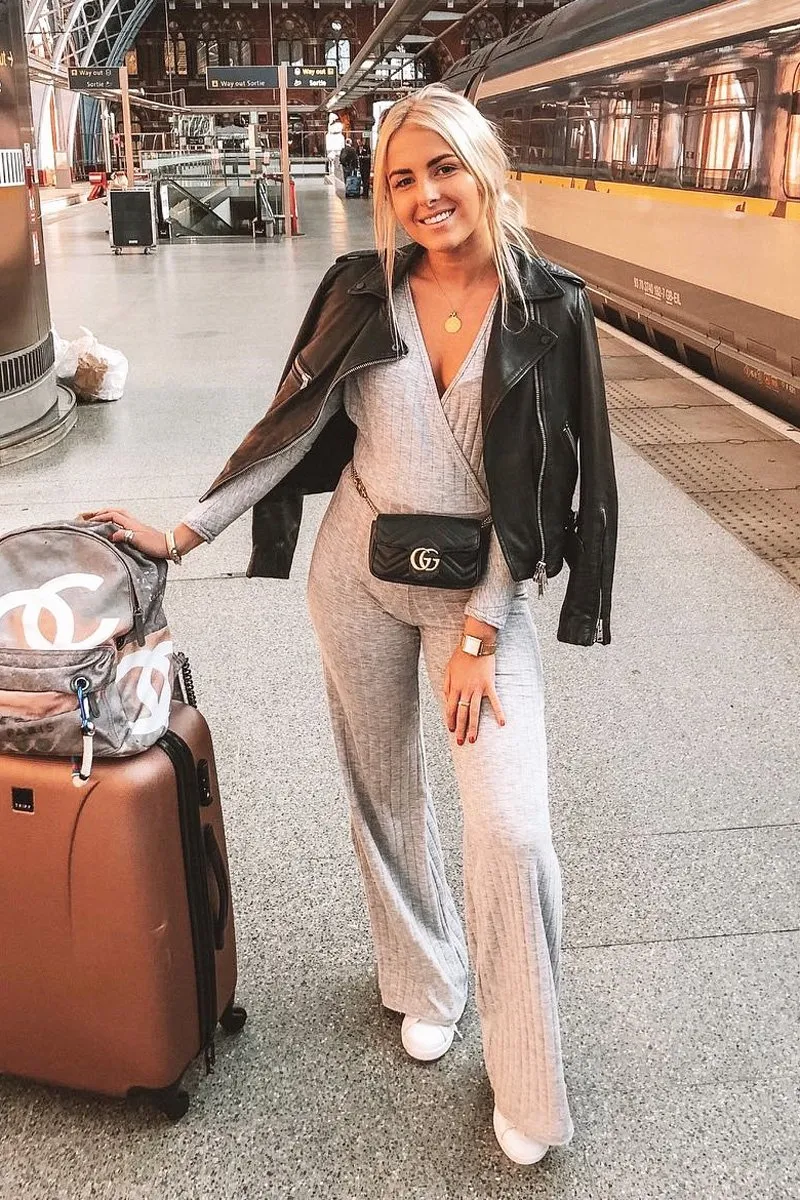 Grey Wide Leg Rib Plunge Jersey Jumpsuit - Tarlia