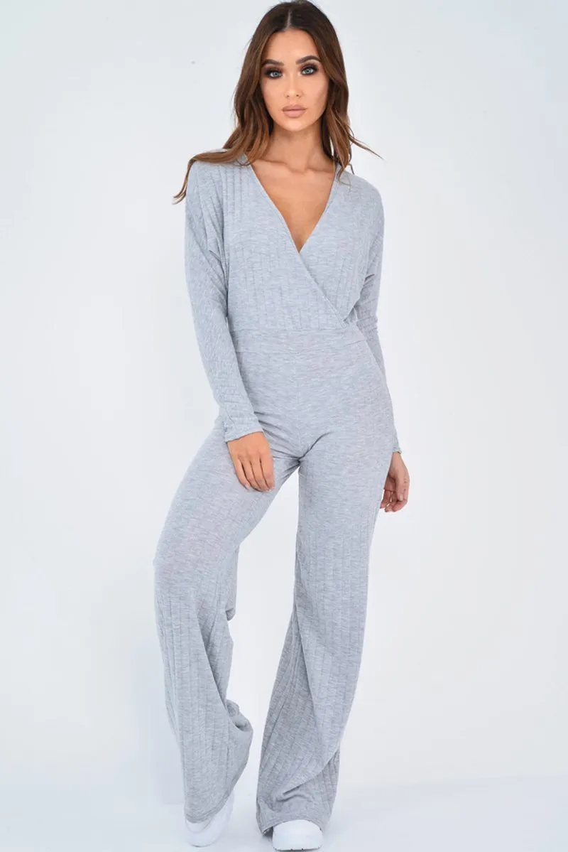 Grey Wide Leg Rib Plunge Jersey Jumpsuit - Tarlia