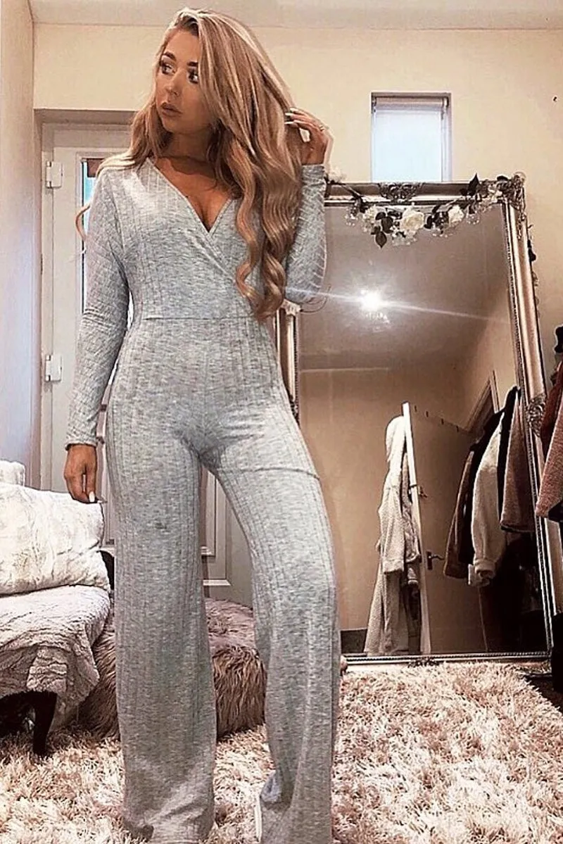 Grey Wide Leg Rib Plunge Jersey Jumpsuit - Tarlia