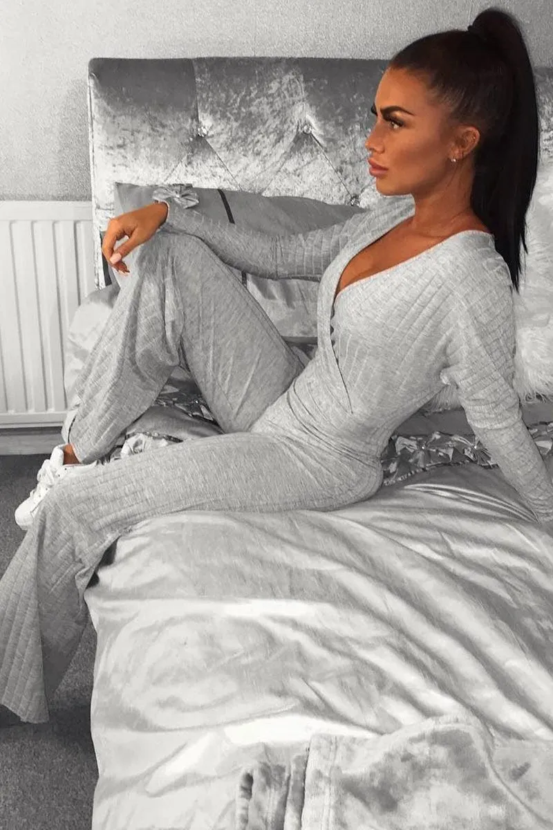 Grey Wide Leg Rib Plunge Jersey Jumpsuit - Tarlia