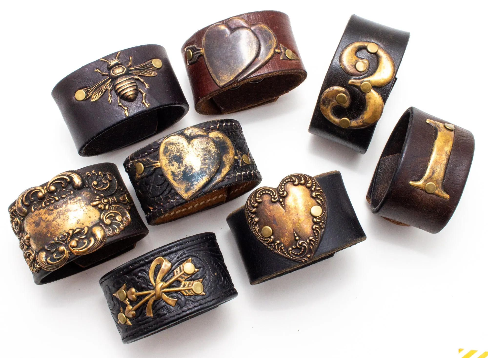 Handcrafted Leather & Metal Hearts Cuff