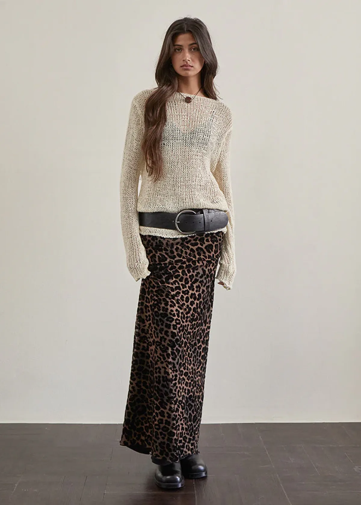 Leopard Print Mesh & Flocked Velvet Maxi Skirt