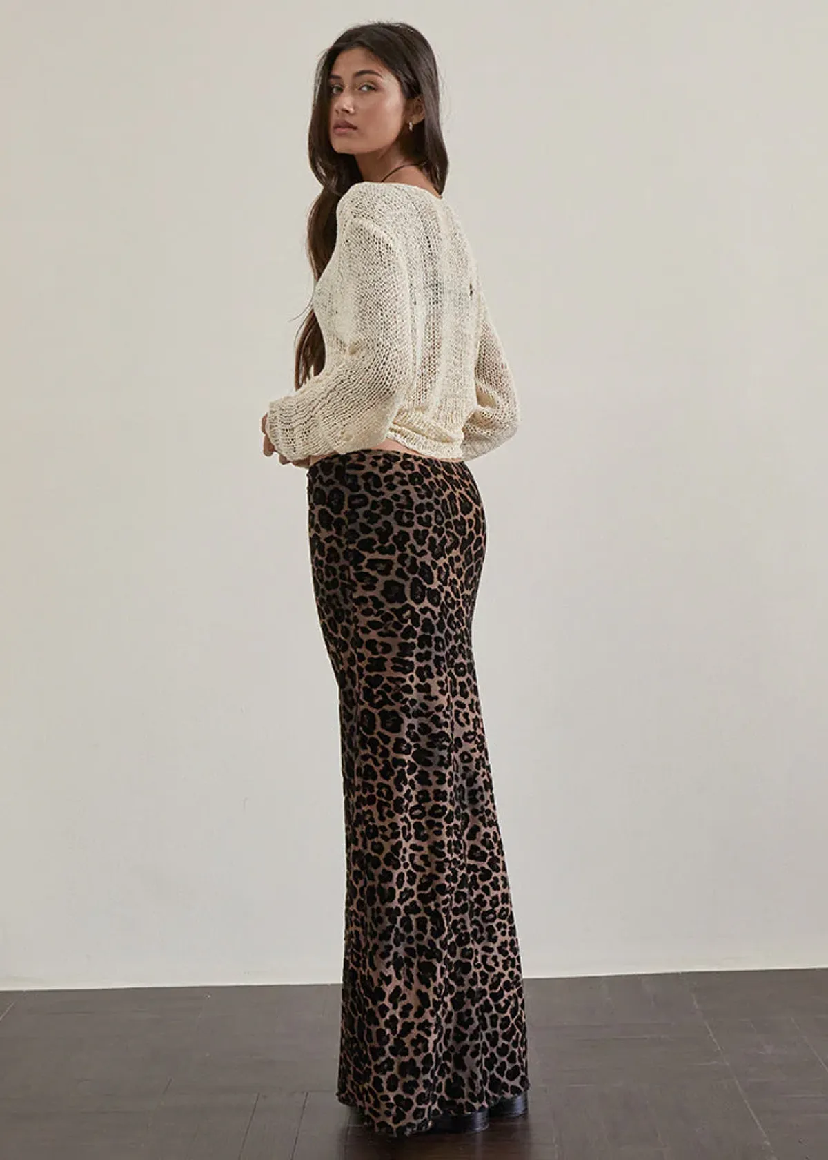 Leopard Print Mesh & Flocked Velvet Maxi Skirt