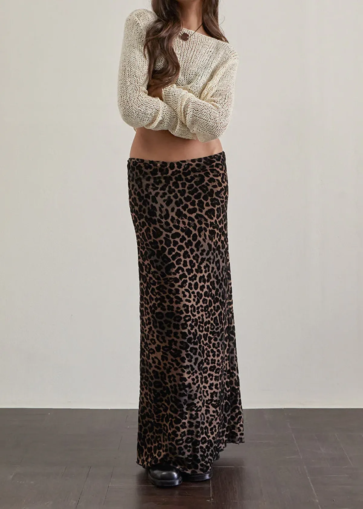 Leopard Print Mesh & Flocked Velvet Maxi Skirt