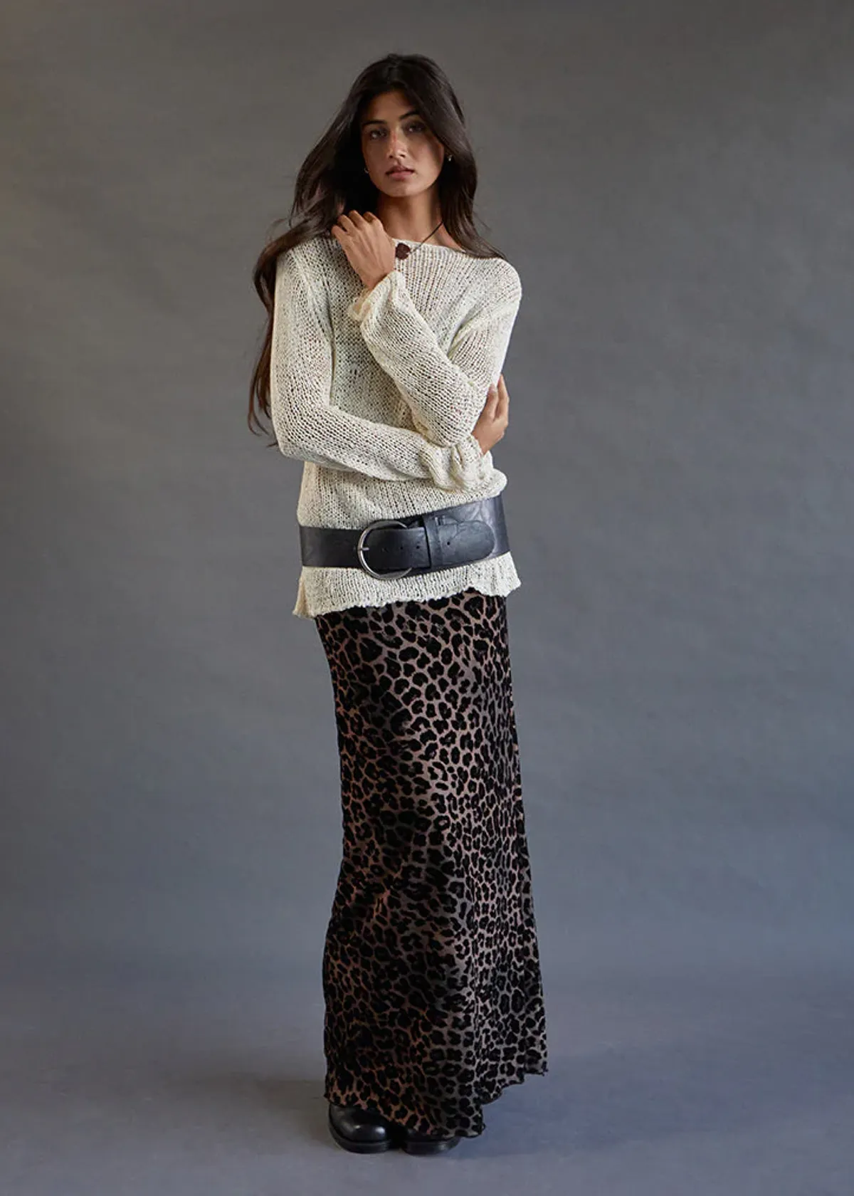 Leopard Print Mesh & Flocked Velvet Maxi Skirt