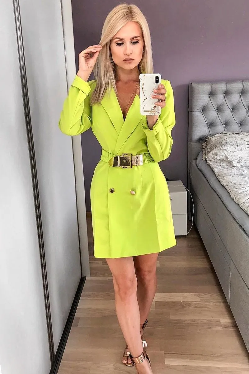 Lime Double Breasted Button Front Belted Blazer - Enya