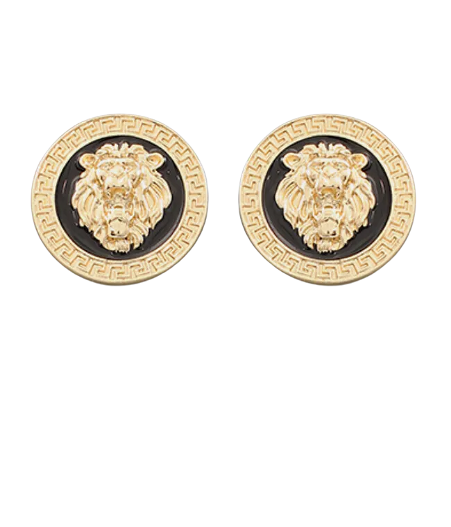 Lion Head Black Greek Key Post Earrings