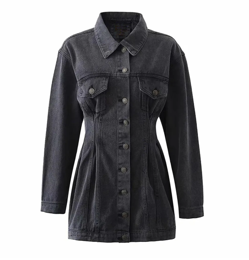 Long Sleeve Button Up Cinched Waist Denim Mini Dress