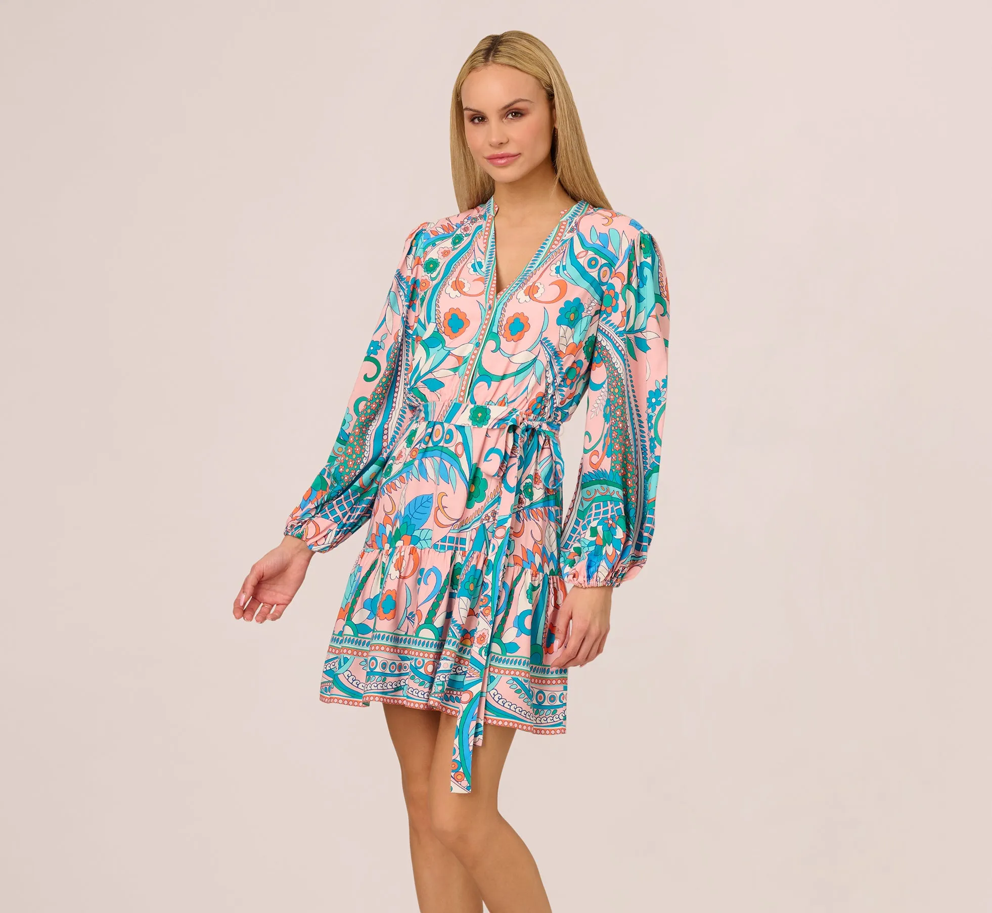 Long Sleeve Retro Printed A Line Dress In Peach Multi