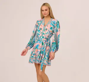Long Sleeve Retro Printed A Line Dress In Peach Multi