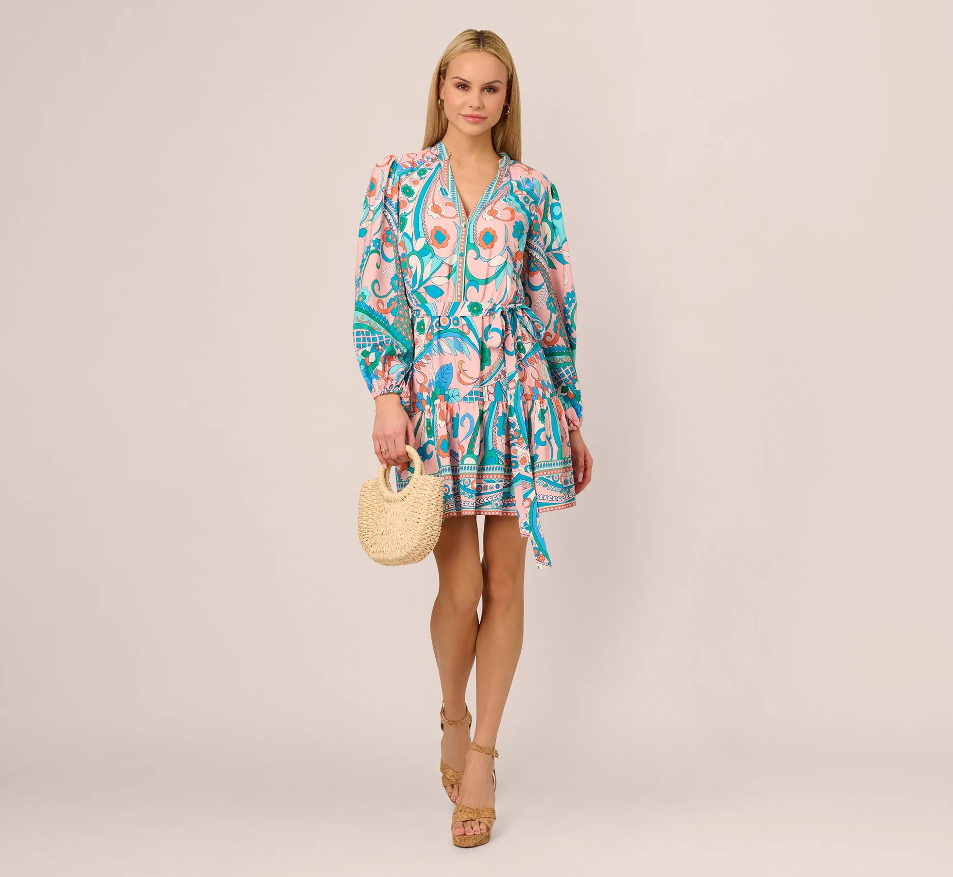Long Sleeve Retro Printed A Line Dress In Peach Multi