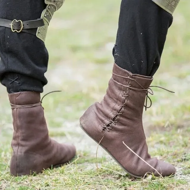 Medieval Carnival Men Cosplay Costumes Knight Hunter Prince Lace Up Viking Pirate Leather Boots Women Stage Props Shoes Retro