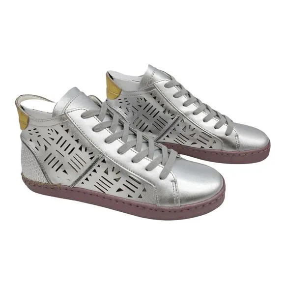 New Dolce Vita Metallic Silver Zeus Leather Cutout Mid Top Sneakers 7.5 Women's