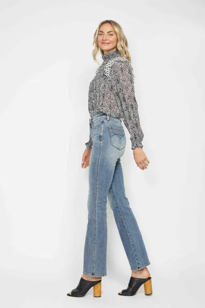 Tummy Control Back Embroidered Pocketed Bootcut Jeans