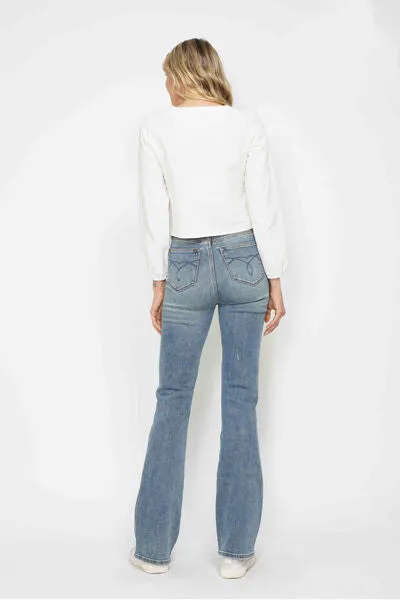 Tummy Control Back Embroidered Pocketed Bootcut Jeans