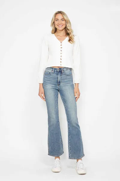 Tummy Control Back Embroidered Pocketed Bootcut Jeans