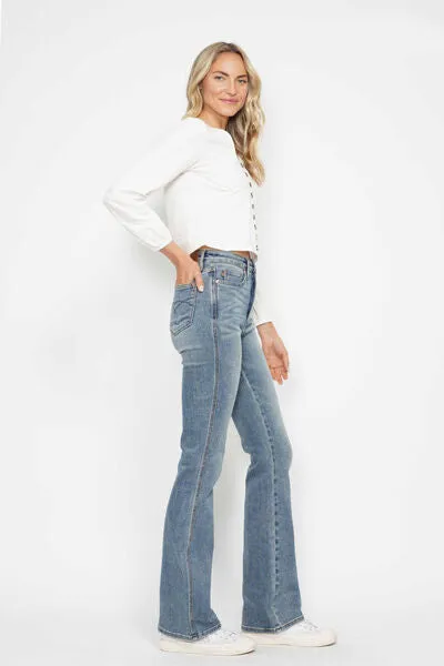 Tummy Control Back Embroidered Pocketed Bootcut Jeans