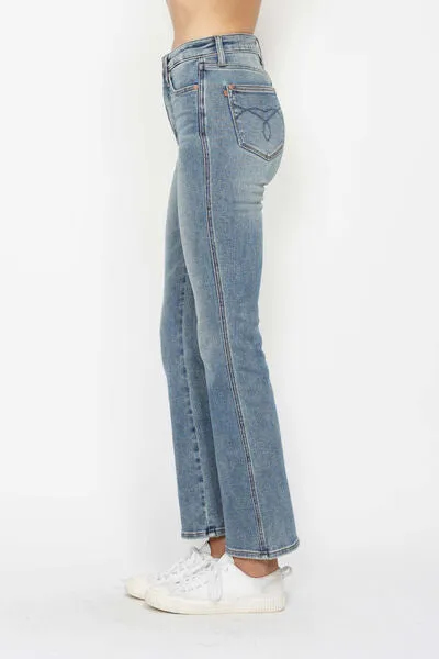 Tummy Control Back Embroidered Pocketed Bootcut Jeans