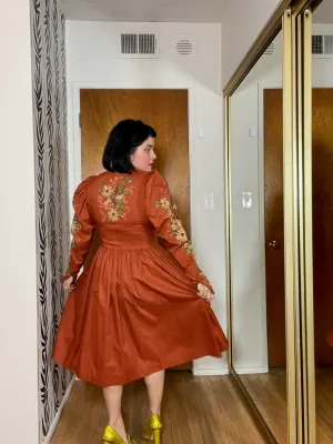 Vintage 70s Hand Painted Flowers Burnt Orange Dress Best Fits Size S, Possibly M