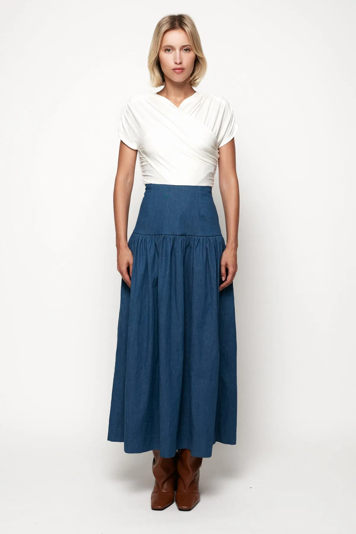 Wrap Front 3/4 Top | Wide Waist Midi Skirt